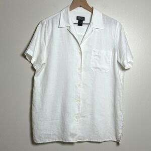 New York & Co Mens Linen Button Up Shirt L White Camp Nautical Vacation Resort